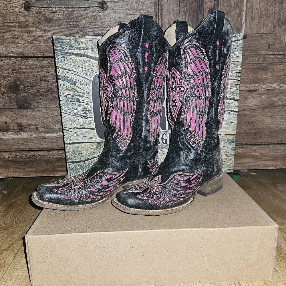 Corral A1143 Pink/Black Wing Cross Inlay Bling Cowgirl Western Boots